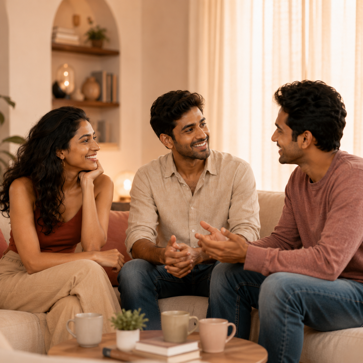 Three adults talking together on a sofa